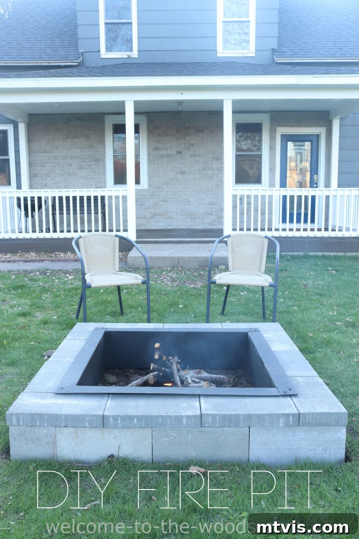 From Cozy Corners to Grand Gatherings: Fire Pit Ideas for All Spaces 7 A striking square fire pit anchors the center of a backyard, with elegant square pavers extending from a pristine white porch towards the fire feature, creating a seamless and modern outdoor flow.