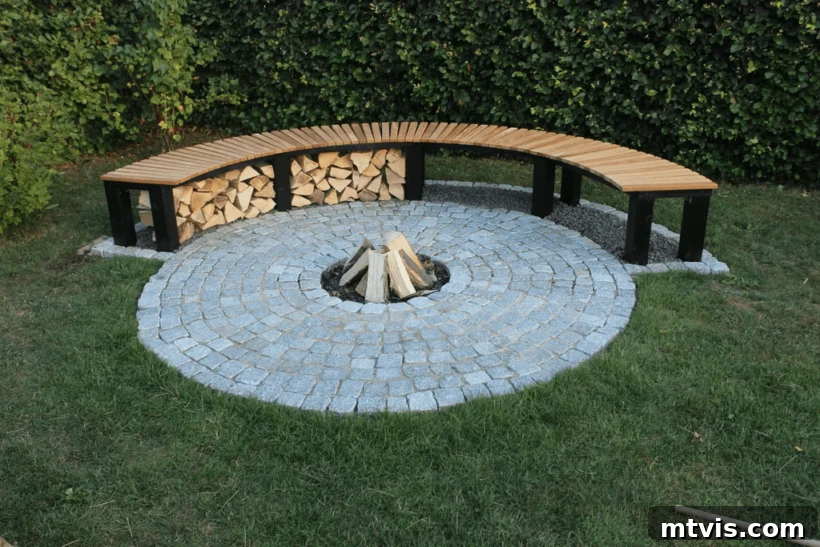 From Cozy Corners to Grand Gatherings: Fire Pit Ideas for All Spaces 9 A simple yet elegant in-ground DIY fire pit with an integrated bench, featuring a neatly stacked pile of firewood beneath the seating area. The fire pit itself is framed by concentric circles of landscaping stones, blending harmoniously with the natural surroundings.