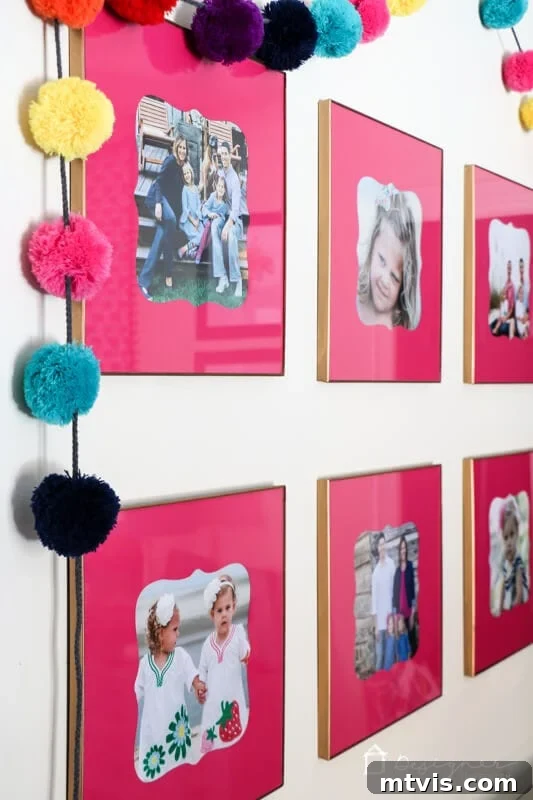 Craft Custom Photo Mats for Pennies 10 Another perspective of Attley's pink-themed gallery wall with personalized DIY photo mats.