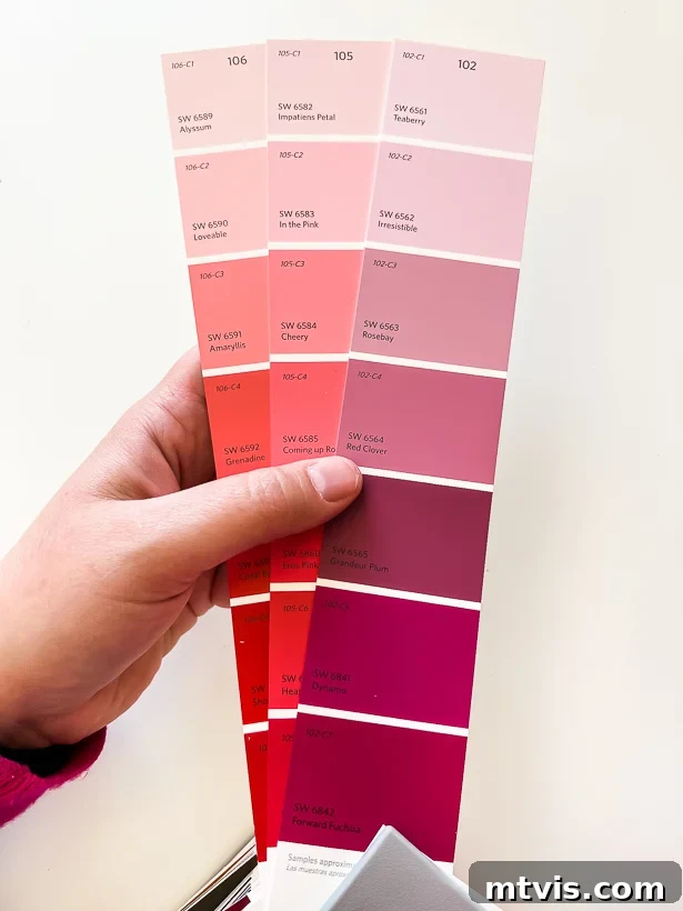 Unlock Your Home's Perfect Palette: Easy Paint Color Selection 5 Paint chips showing similar light red and pink colors, highlighting the difficulty in distinguishing undertones at lighter shades.