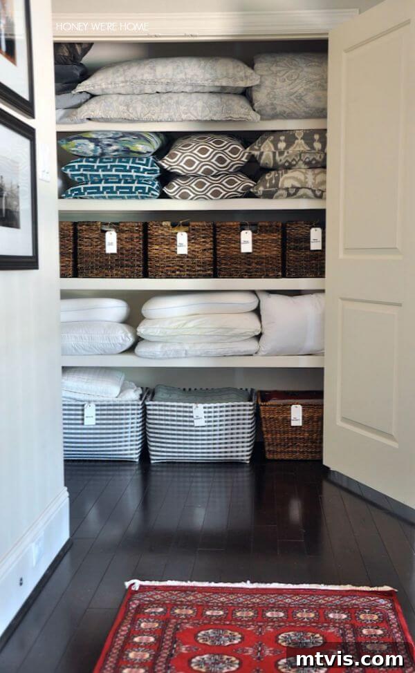 Smart Solutions for a Perfectly Organized Linen Closet 16 organized hall linen closet with hanging label tags on baskets