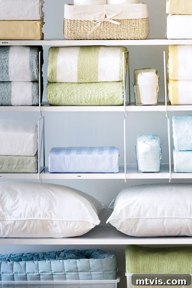 Smart Solutions for a Perfectly Organized Linen Closet 8 photo of shelf dividers helping keep shelves of linen closet tidy and organized