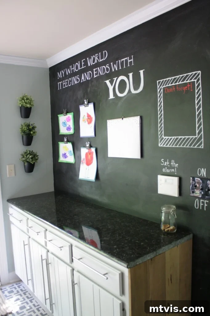 Detailed shot of the chalkboard wall's creative and functional elements in the budget kitchen.