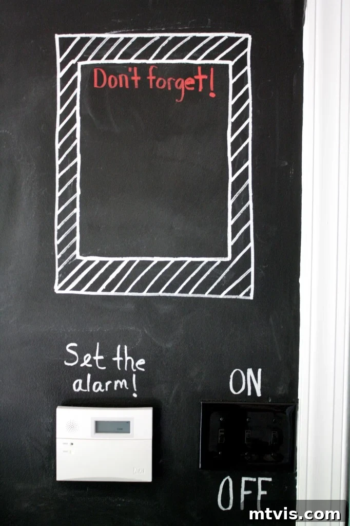 Custom quote and reminders on the chalkboard wall, demonstrating its versatility.