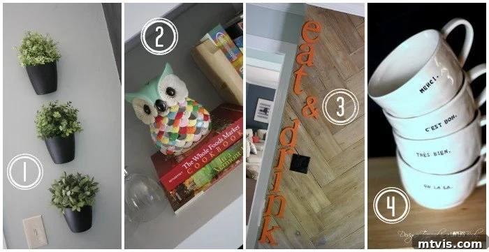 Shop the look: Kitchen decor accents including succulents, owl statue, and 'eat & drink' letters.