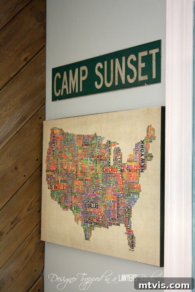 Close-up of the typography map artwork, a DIY project adding unique character to the kitchen.
