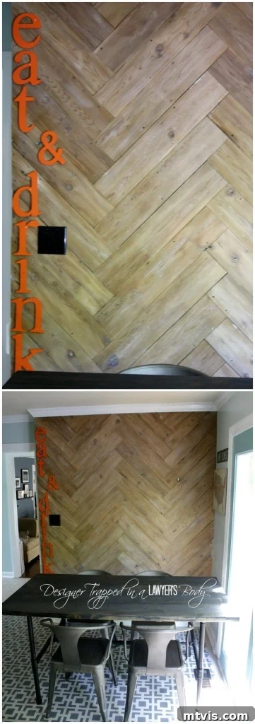 Beautiful herringbone plank wall in the eat-in kitchen area, highlighting a DIY budget-friendly design.
