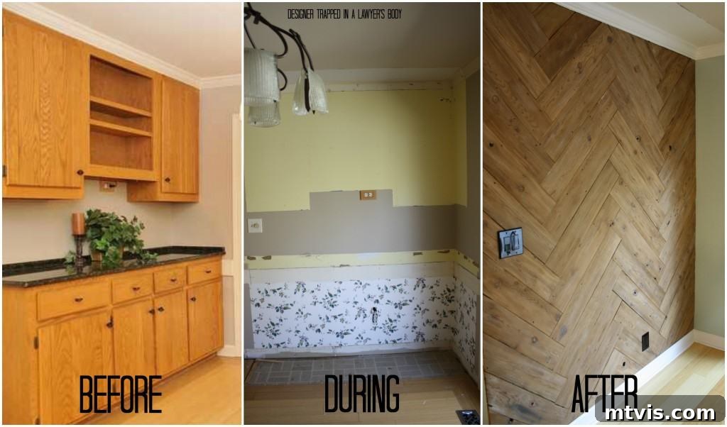 Transformed eat-in kitchen area featuring a DIY herringbone plank wall and ample space.