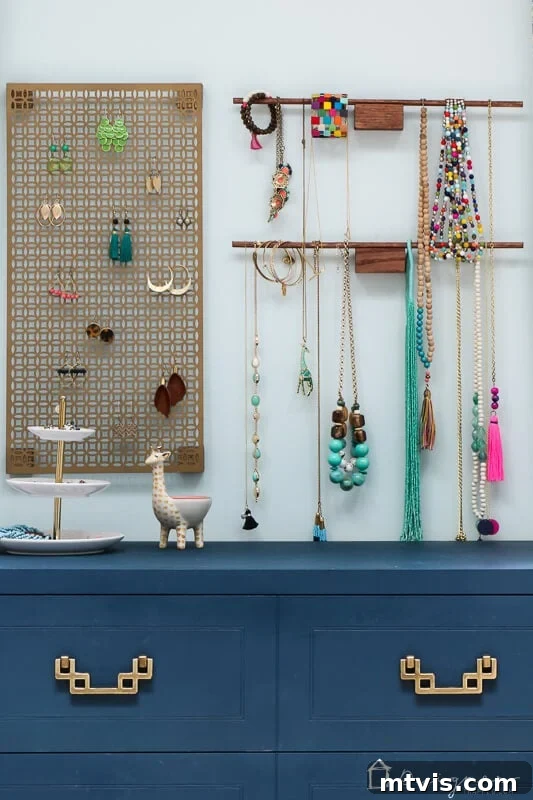 Sparkle and Store: DIY Jewelry Organizers for Every Piece 15 Stylish hanging jewelry organizer in a bedroom setting