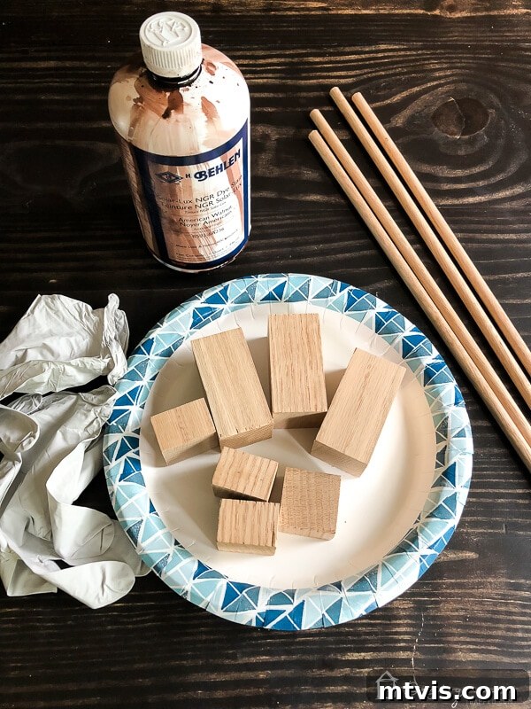 Sparkle and Store: DIY Jewelry Organizers for Every Piece 5 Behlen Solar Lux stain being applied to wood blocks