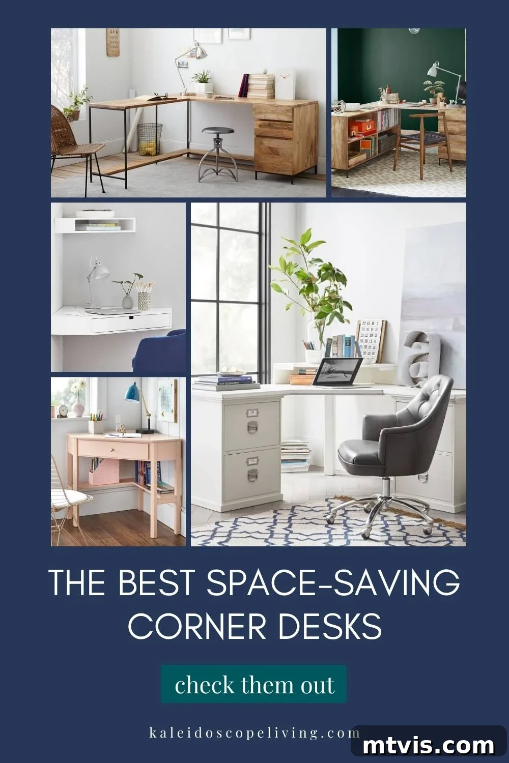 L-Shaped and Corner Desks: Build Your Own or Buy 2 A graphic showcasing various L-shaped and corner desk designs, from compact and minimalist to elaborate wall-mounted setups. The caption encourages readers to explore space-saving corner desks.