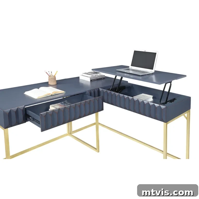 L-Shaped and Corner Desks: Build Your Own or Buy 5 The blue-gray L-shaped corner desk has gold framed supports, two under-desk drawers, and a desk-top converted to a standing work area.