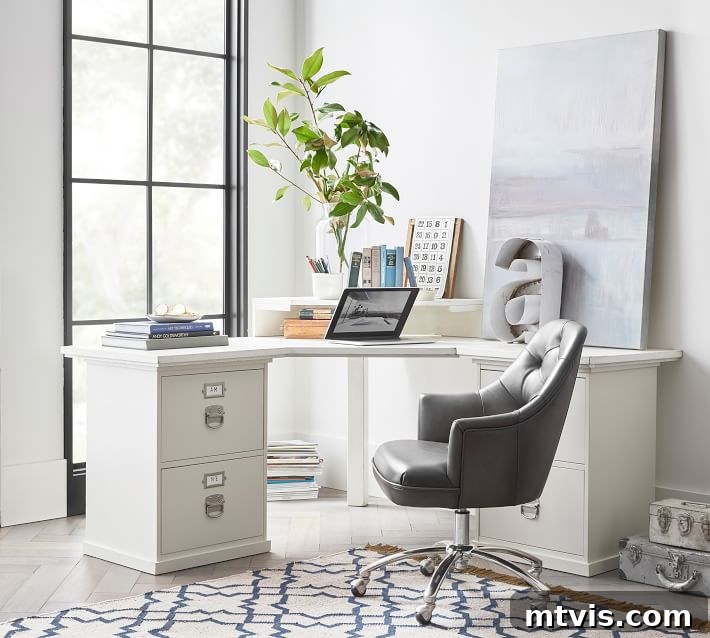 L-Shaped and Corner Desks: Build Your Own or Buy 7 A white modular corner desk is placed facing a floor to ceiling slender window. The desk has neatly placed office supplies and a large potted plant.