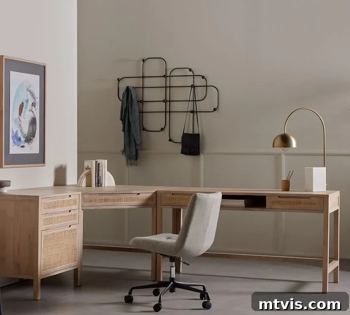 L-Shaped and Corner Desks: Build Your Own or Buy 9 A caned wood corner desk has modules to create the office area that best suits the consumer. A gray chair is in front of the desk that has very few supplies on the surface.