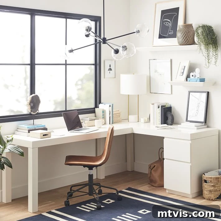 L-Shaped and Corner Desks: Build Your Own or Buy 10 A white, modern corner desk against a large window provides a minimalist and contemporary workspace. A modern light fixture hangs low over the tidy desk.