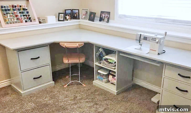 L-Shaped and Corner Desks: Build Your Own or Buy 3 A corner desk made of light gray wood with file drawers and shelves under the desk. Pictures and spools of thread sit on the small shelf over the desk and below the window.