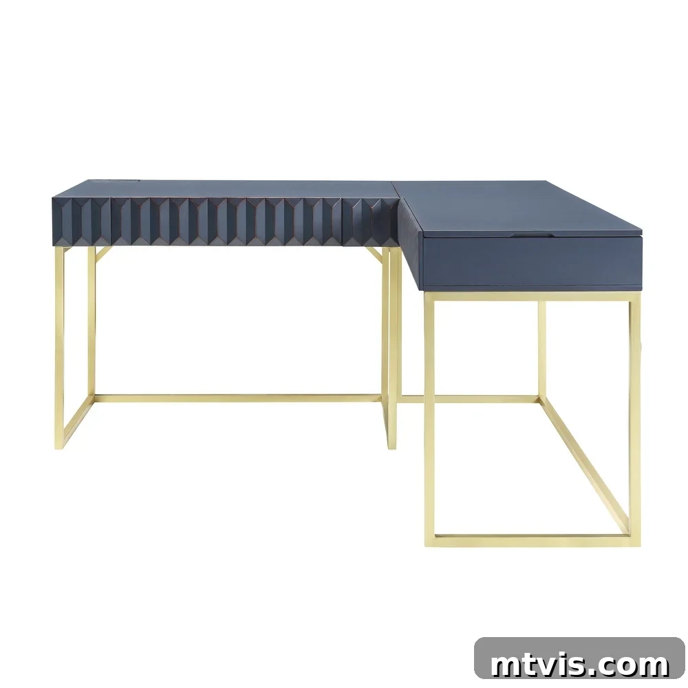 L-Shaped and Corner Desks: Build Your Own or Buy 4 A navy-blue L-shaped corner desk with gold framed supports and decorative ridges.