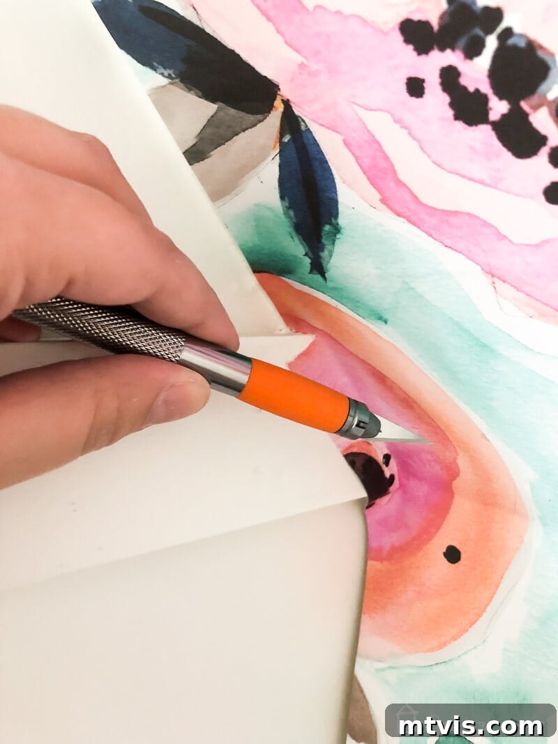 Cutting temporary wallpaper around obstacles like shelf brackets inside a closet for a precise fit.