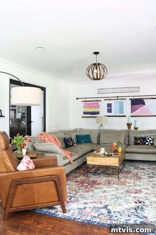 Family room with cohesive color palette and navy accents