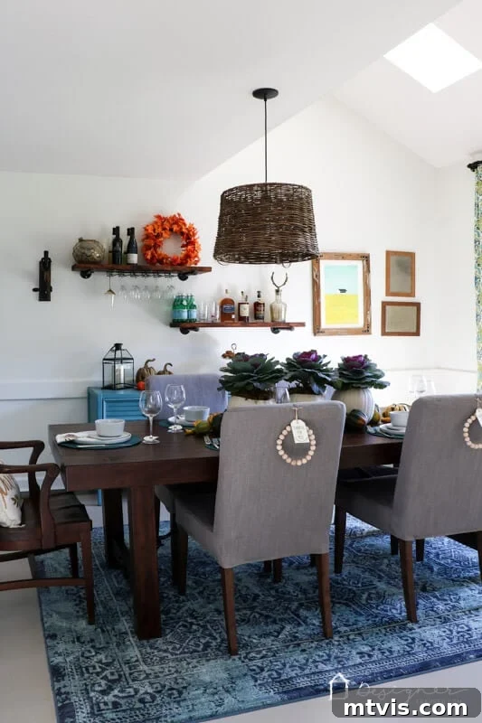 Dining room designed with a unified color scheme, echoing the family room