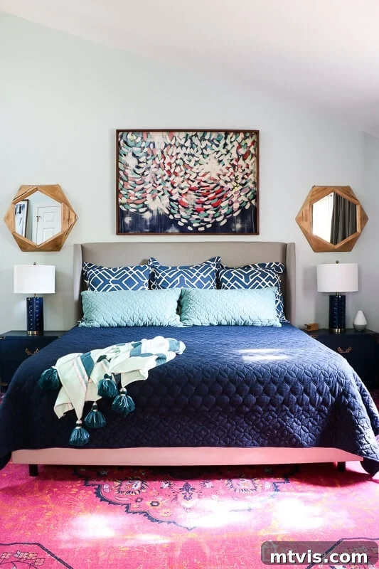 Colorful and eclectic bedroom with mixed furniture styles