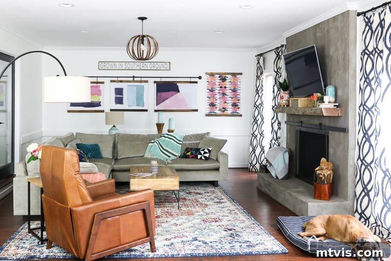Vibrant Transformations for Family Rooms 2 West Elm colorful family room featuring a new sectional sofa and modern decor