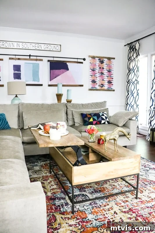 Vibrant Transformations for Family Rooms 6 West Elm storage coffee table anchors the colorful family room with practical style