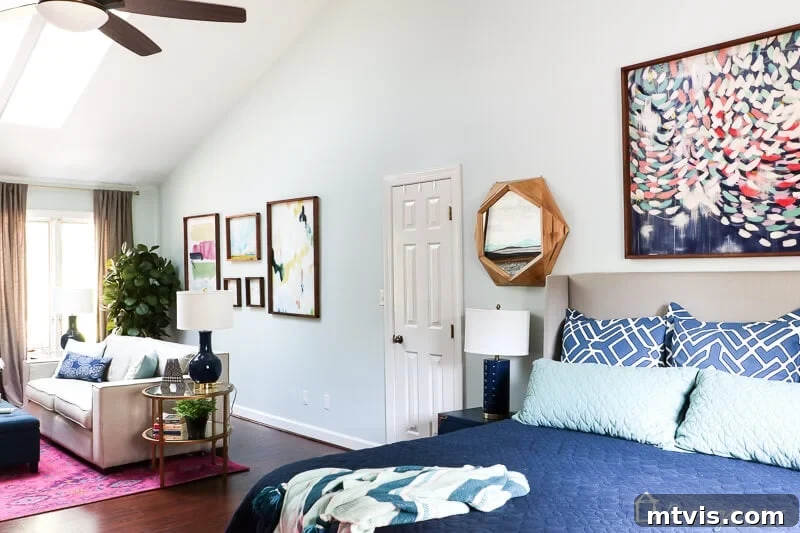 Our Blush and Indigo Sanctuary Unveiling 9 Master bedroom with elegant finishing touches, including an artificial fiddle leaf fig tree for maintenance-free greenery