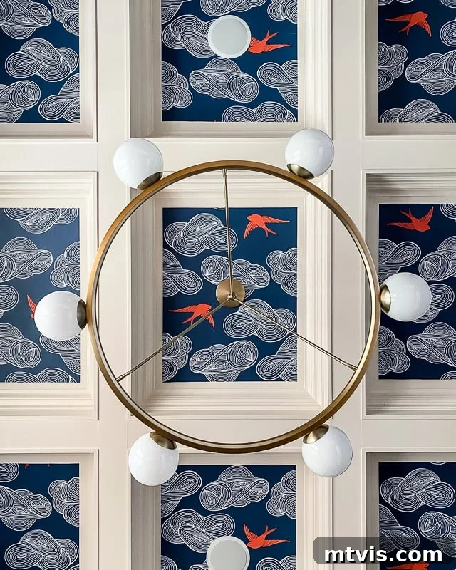 Beyond Beige: Your Starter Guide to Decorating with Color 7 Dining room with a unique coffered ceiling covered in a subtle patterned wallpaper, adding texture and color.