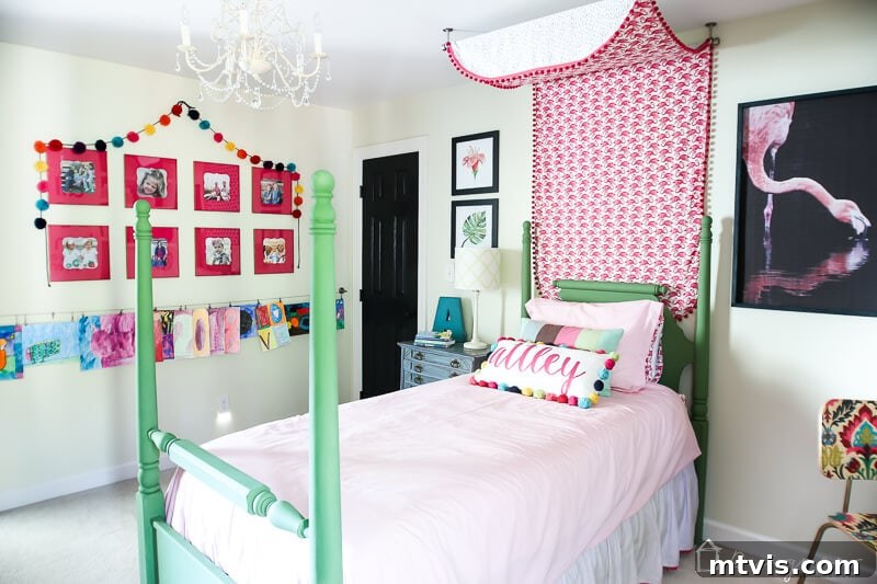 Rainbow Hues: A Little Girl's Bedroom Tour 5 Pink and green girl's bedroom with art display and DIY desk