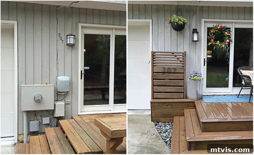 Side-by-side comparison: an image showing exposed electrical and utility boxes on a house next to an image of the same view after a custom wooden outdoor cover was installed.