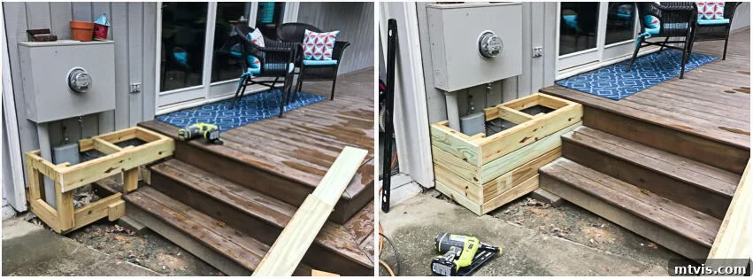 Two images showcasing the initial base construction for the DIY utility box cover using lumber, accommodating a deck stair configuration.