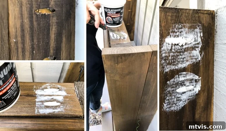 Collage of images demonstrating the process of using DAP Platinum Patch exterior filler to hide screw holes in stained brown wood.