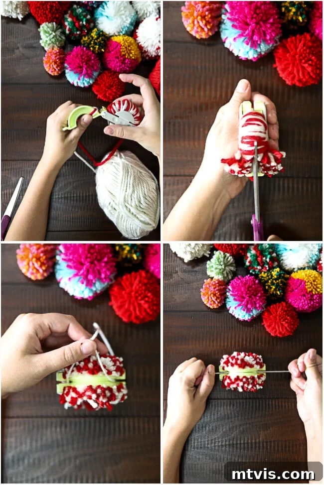 Fluffy Pom Pom Wreath Craft 4 Detailed step-by-step images of making DIY pom poms with yarn