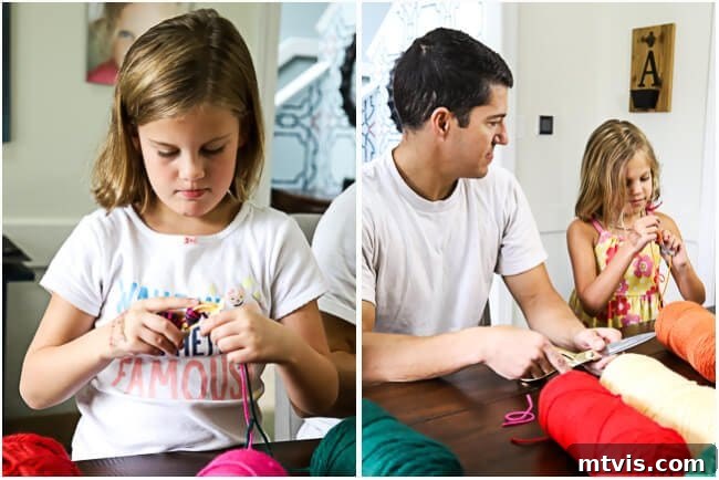 Fluffy Pom Pom Wreath Craft 6 Kids joyfully making yarn pom poms for a DIY wreath project