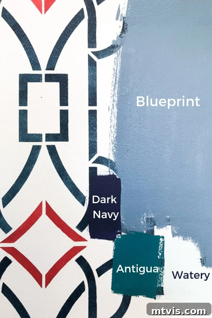 Behr Blueprint color sample painted on a wall, showing color accuracy.