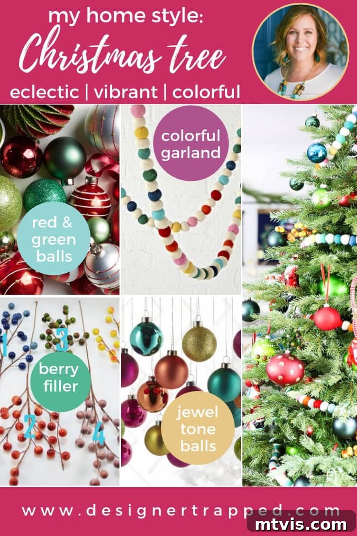 My Technicolor Tannenbaum 2 A stunning, vibrant and eclectic Christmas tree adorned with colorful ornaments, garlands, and lights, offering a fresh alternative to traditional holiday decor.