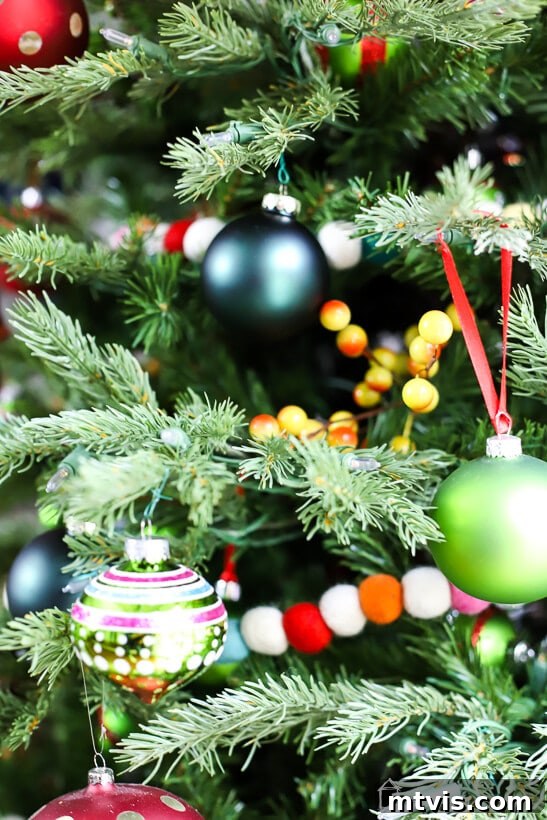 My Technicolor Tannenbaum 6 Assortment of bright and unique Christmas ornaments, highlighting different colors, shapes, and materials for an eclectic tree.