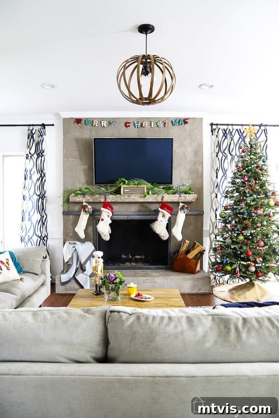 My Technicolor Tannenbaum 9 Another view of the festive living room, highlighting the harmonious blend of a colorful Christmas tree with the surrounding holiday decorations.