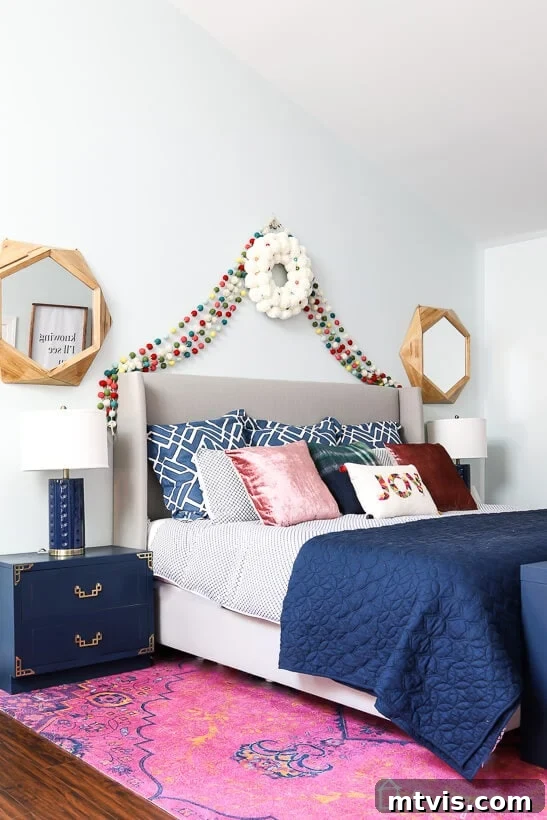 colorful Christmas decor in bedroom, focusing on details