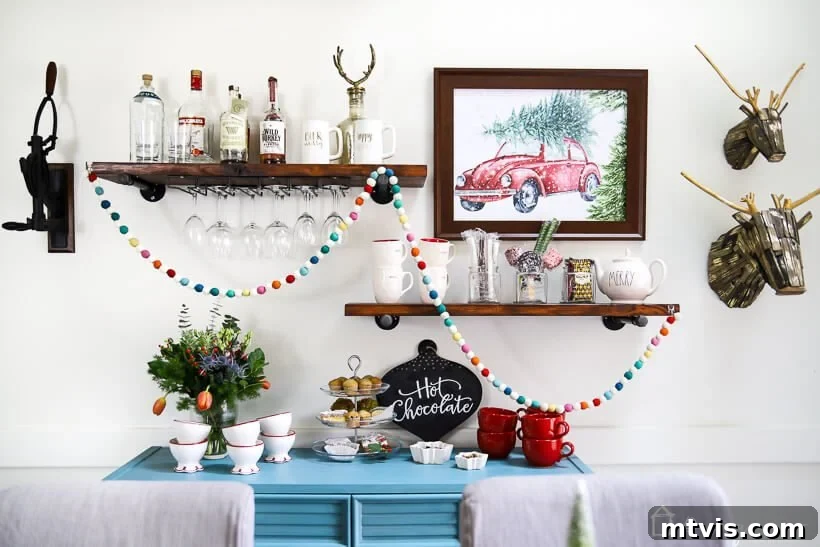 colorful Christmas dining room with DIY pipe shelves