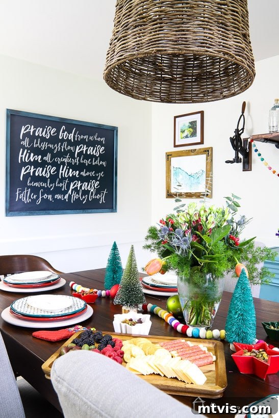 colorful Christmas table setting with festive dishes