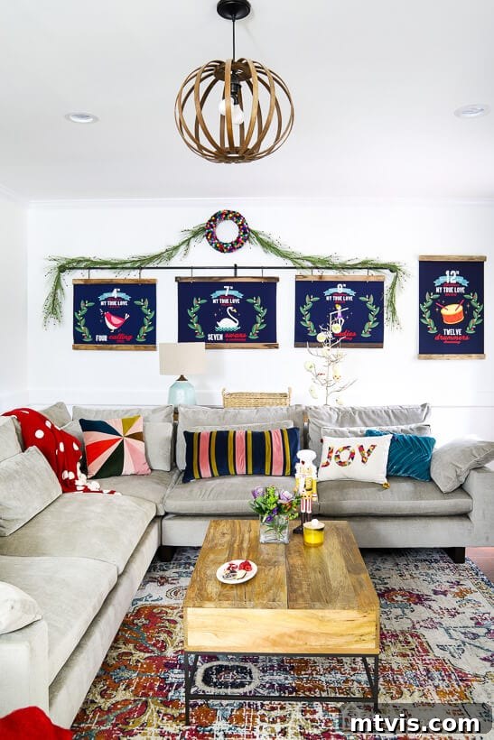 colorful living room Christmas decor with prints