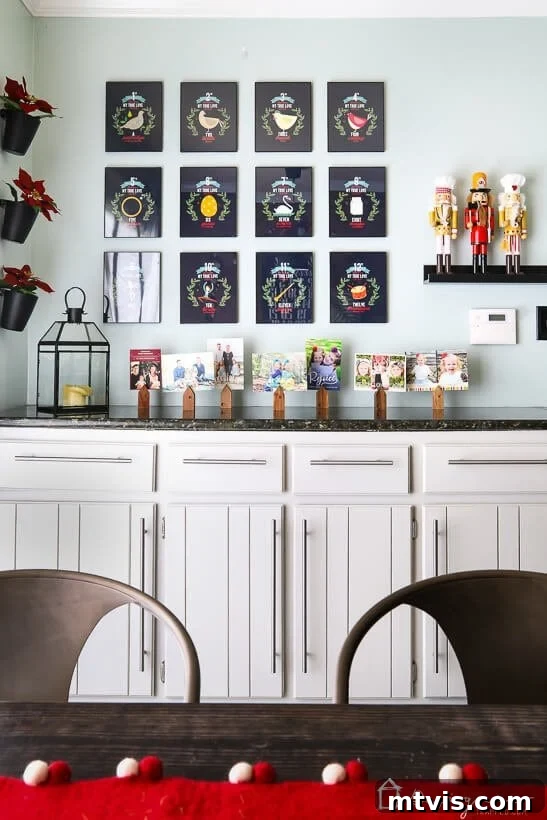 colorful Christmas decor in kitchen, showing framed prints