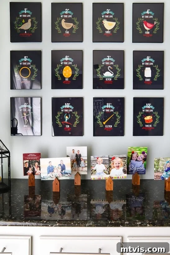 colorful Christmas decor in kitchen, displaying holiday cards