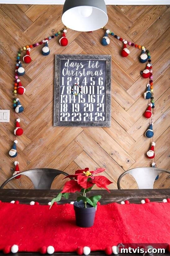 colorful Christmas decor in kitchen breakfast nook, countdown calendar