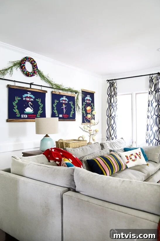 colorful Christmas decor in living room, featuring cozy textures