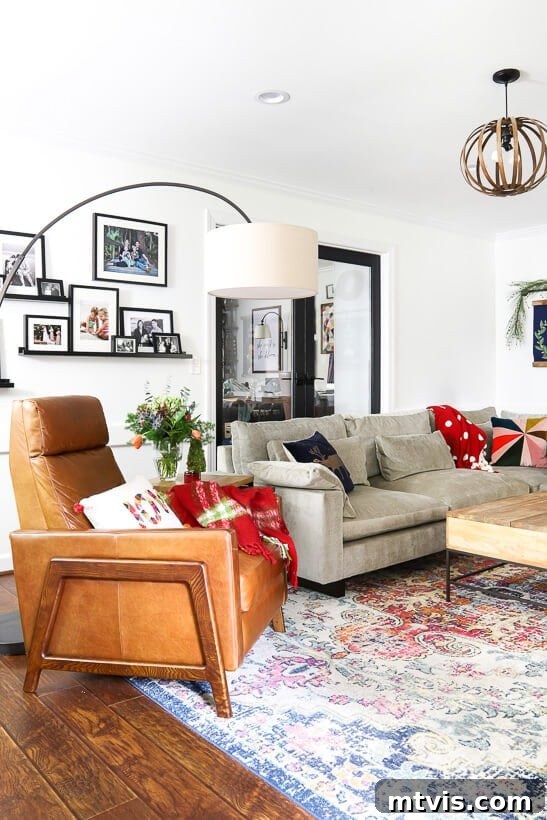 colorful living room dressed for Christmas, a blend of modern and traditional