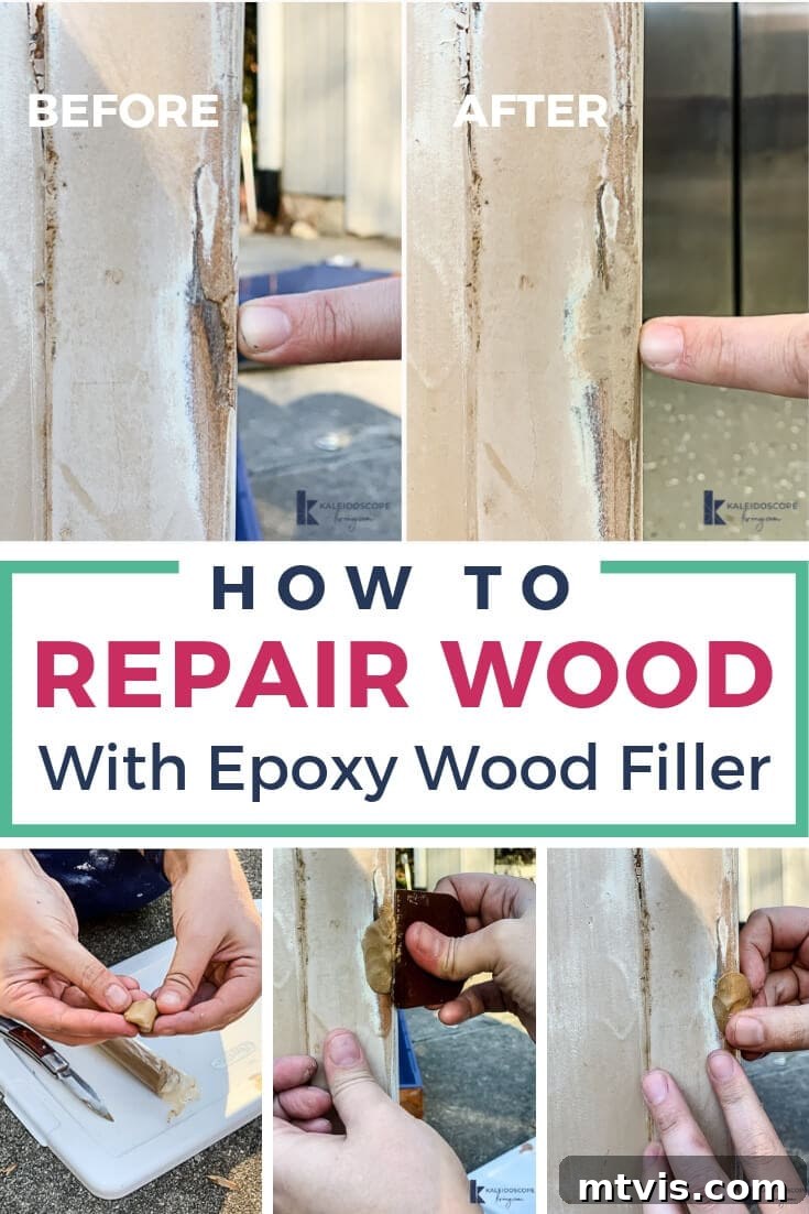 A split photo featuring a before and after series has a finger pointing at wood needing repair and the after effect of repairing wood with epoxy wood filler. The bottom photos show hands in the process of making repairs. The center text reads, "How to Repair Wood with Epoxy Wood Filler." 