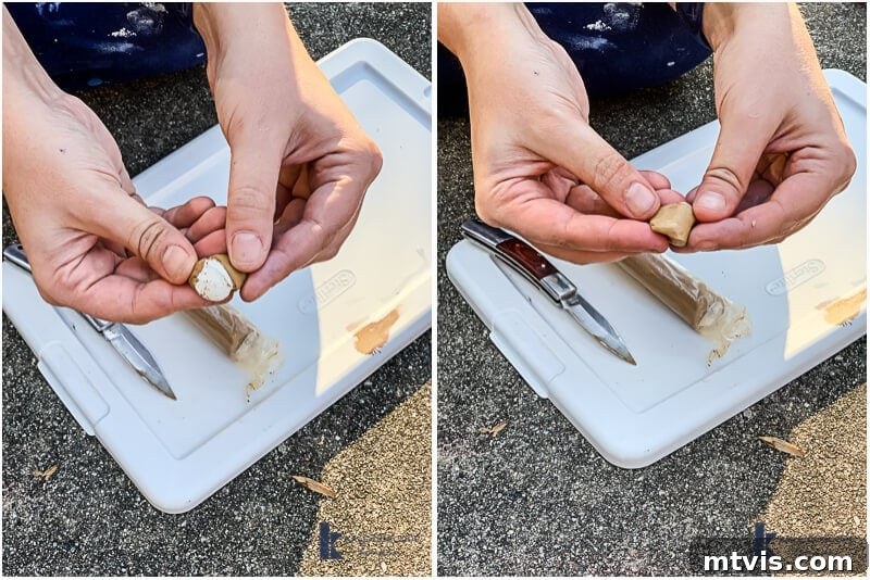 Two photos of hands kneading epoxy wood filler over a storage bin lid that also has a pocketknife and tube of Mohawk epoxy. 